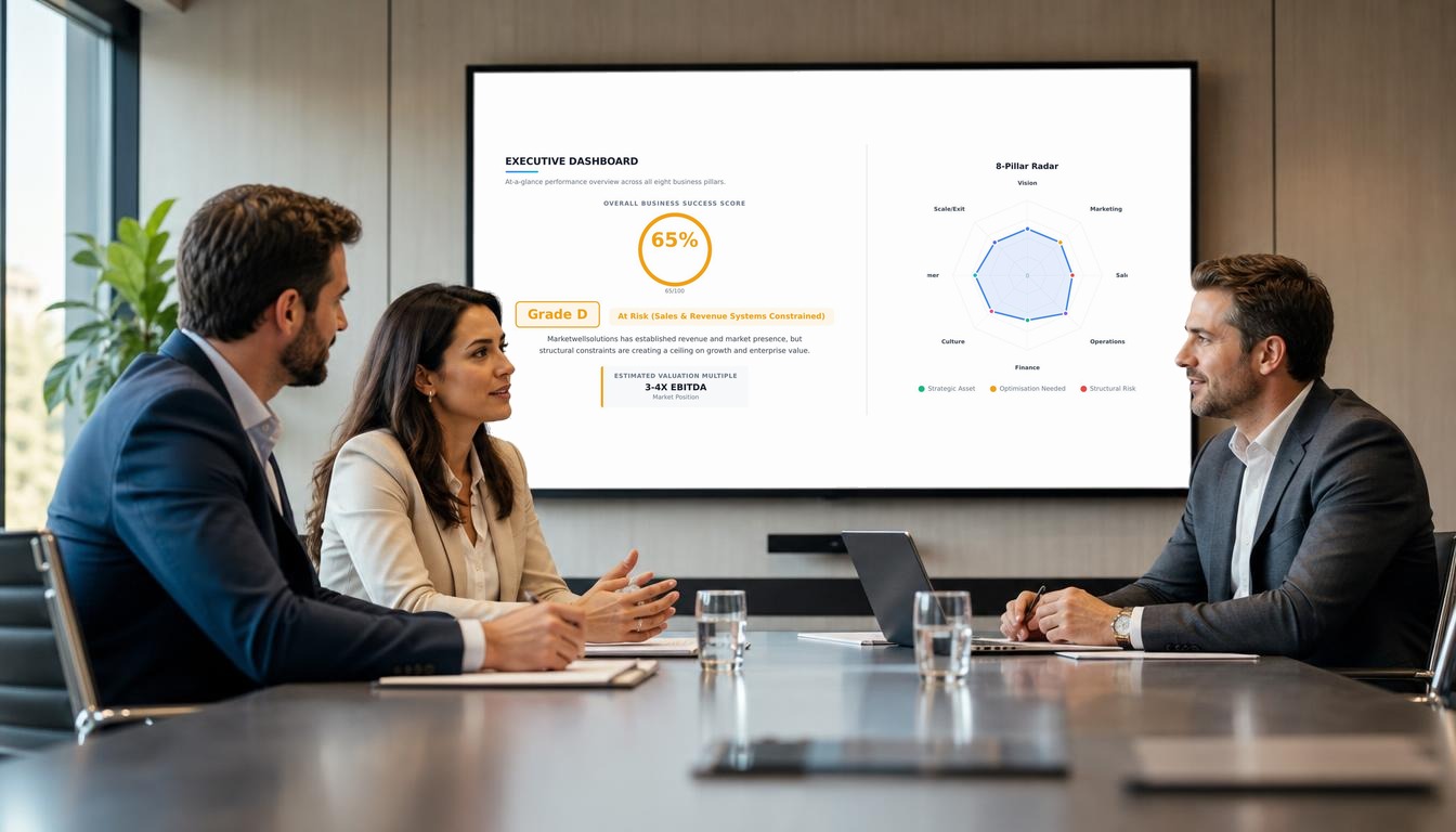 Business owners reviewing the Business Success Quiz diagnostic report on a large conference room TV
